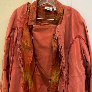 Suede fringe skirt set coral color jacket 18/20 skirt size 16 wore together